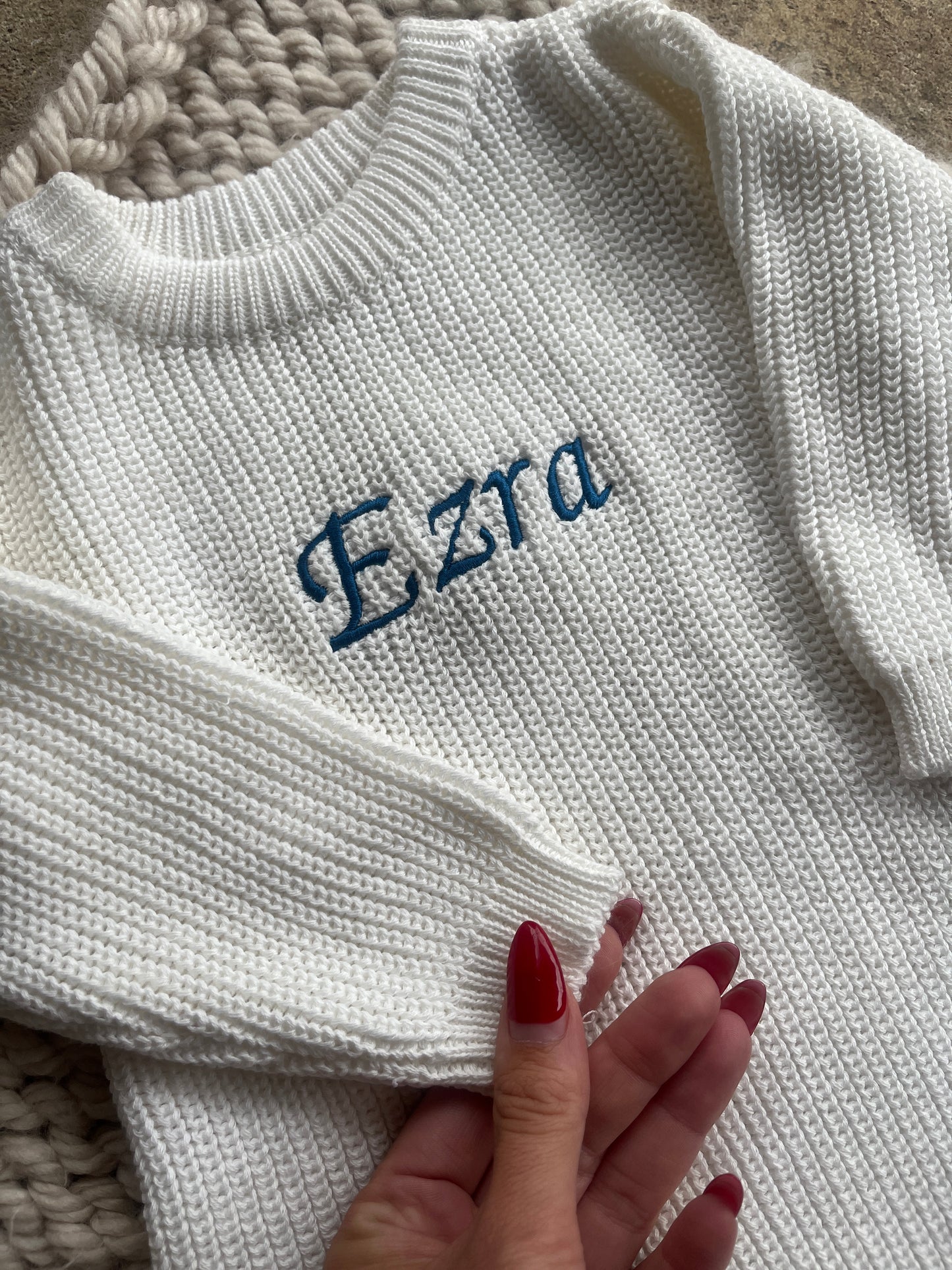 Personalised Embroidered Knitted Baby Romper – Long Sleeve, Autumn/Winter, Baby Shower Gift