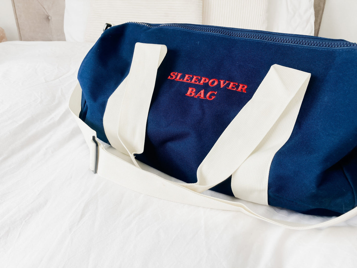 Sleepover| swim| Dance | Personalised bag| red & navy embroidery bag