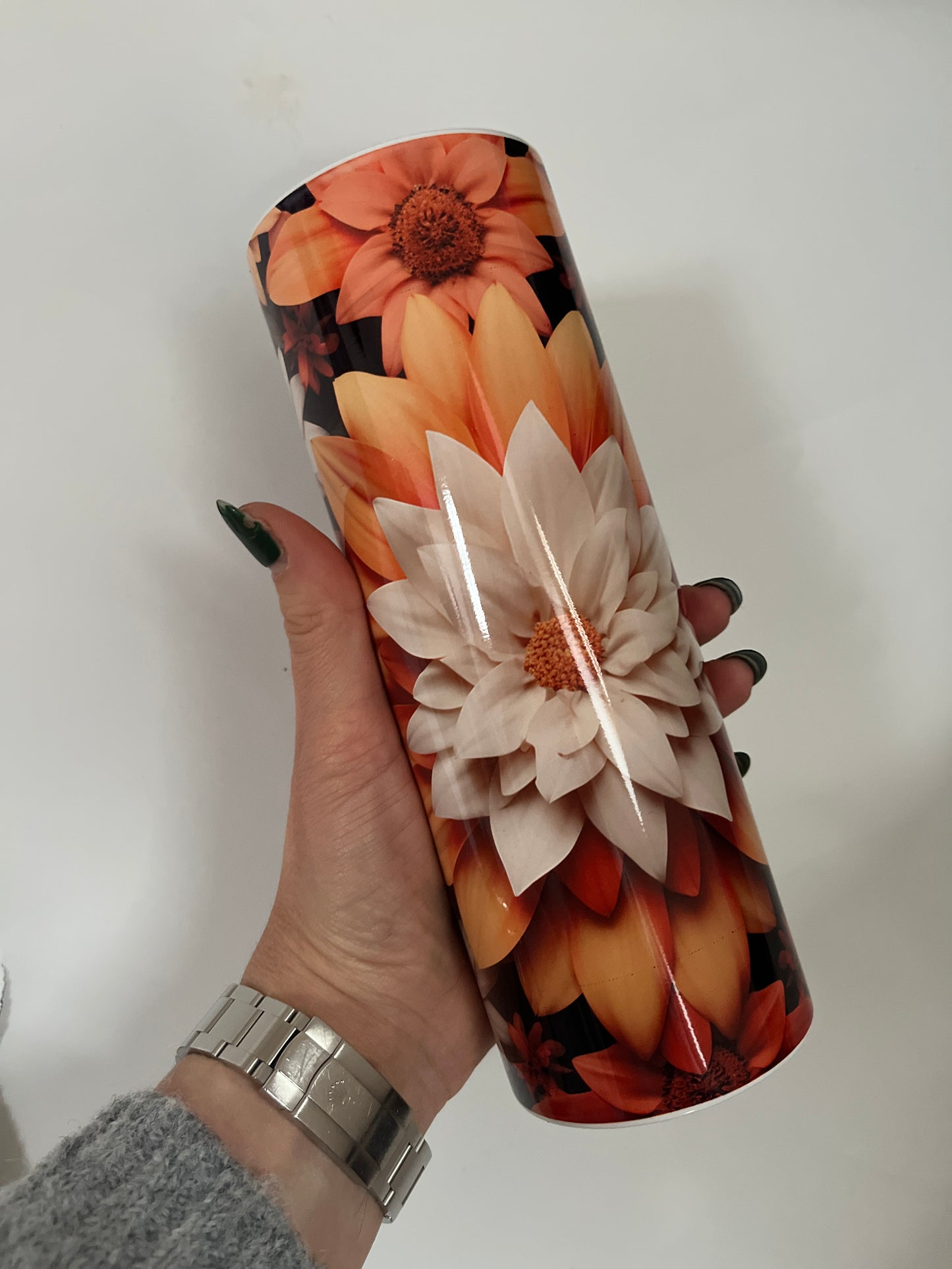 Pretty orange 3D effect flower reusable 20oz coffee | tea | cold drink tumbler