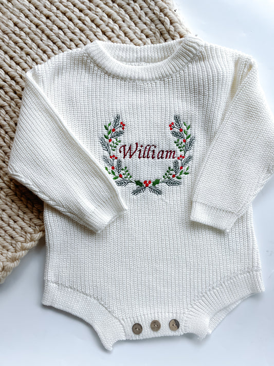 Personalised classic Baby Christmas wreath Romper –  Embroidered Knitted Christmas  Outfit