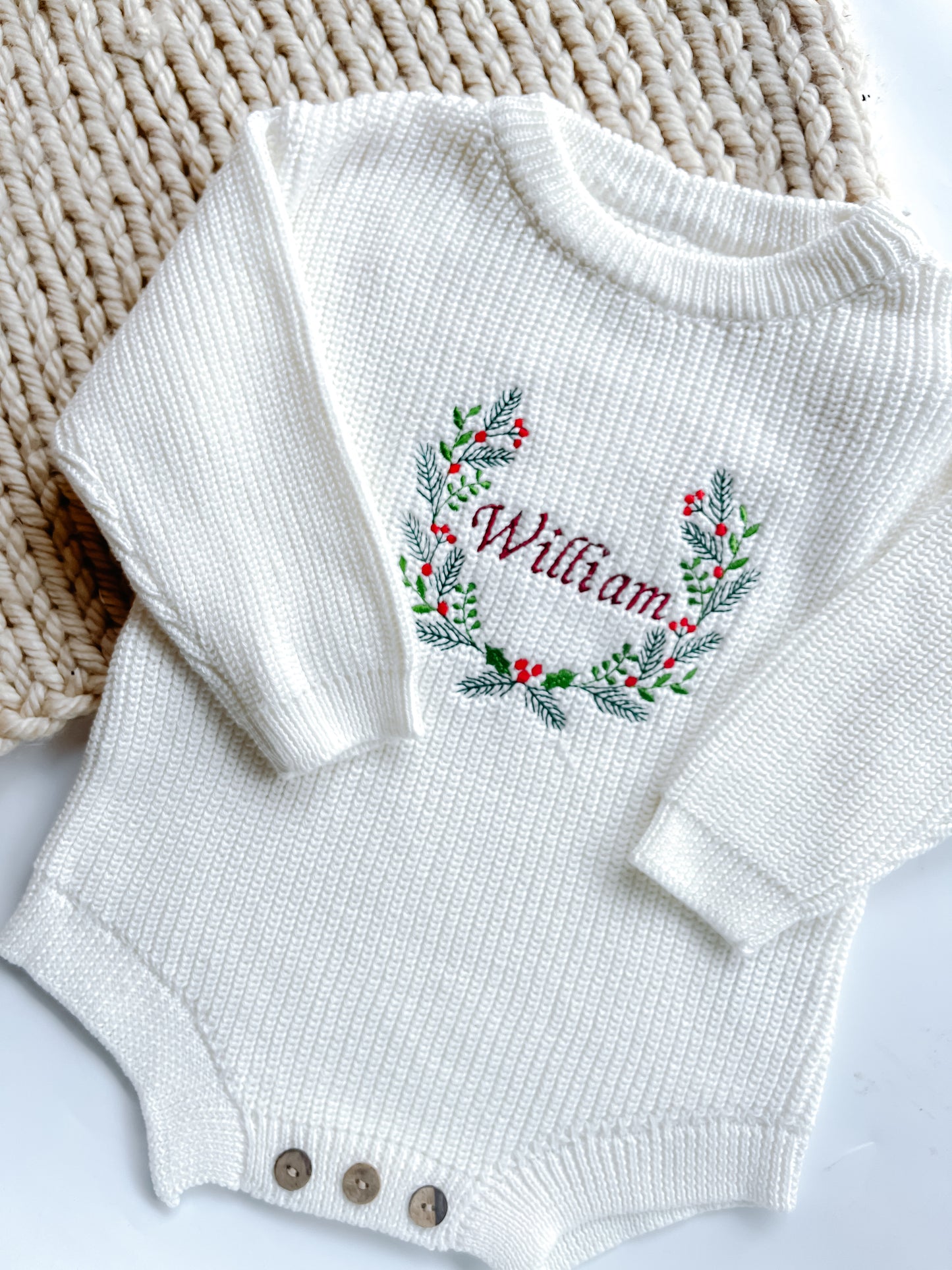 Personalised classic Baby Christmas wreath Romper –  Embroidered Knitted Christmas  Outfit