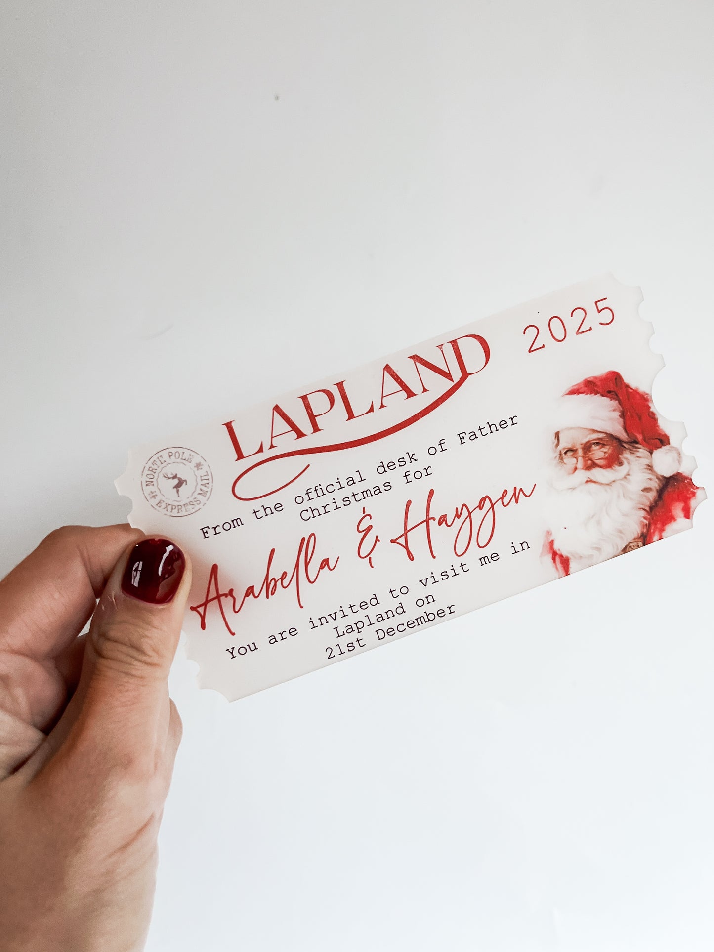 Personalised Lapland reveal keepsake acrylic ticket