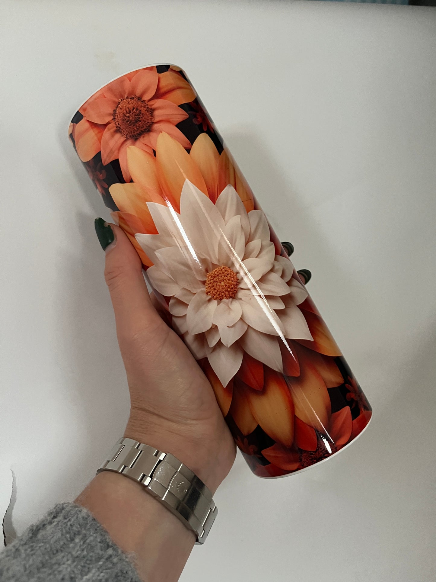 Pretty orange 3D effect flower reusable 20oz coffee | tea | cold drink tumbler
