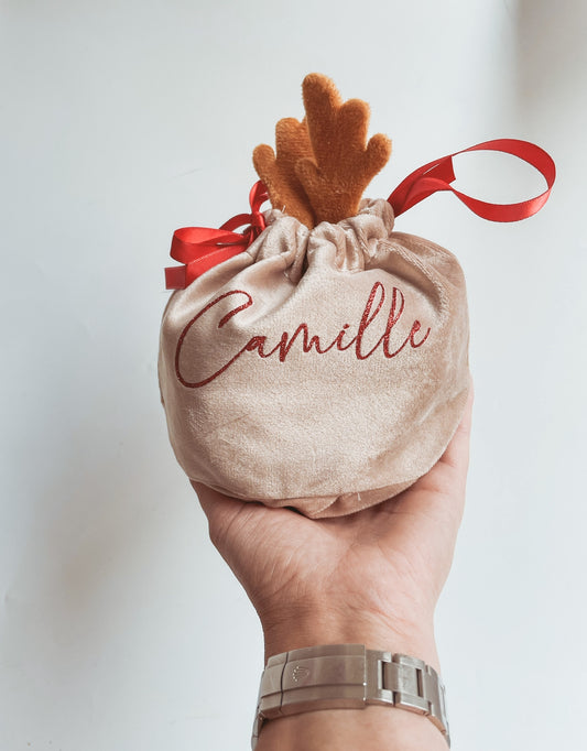 Personalised velvet reindeer pouch