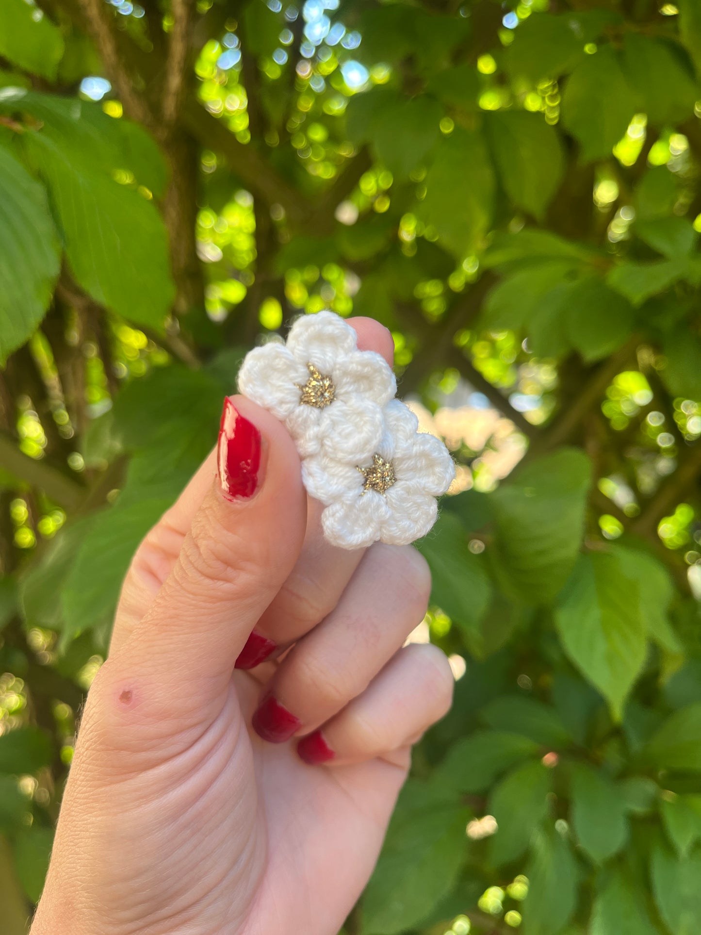 Crochet mini double flower hair clip