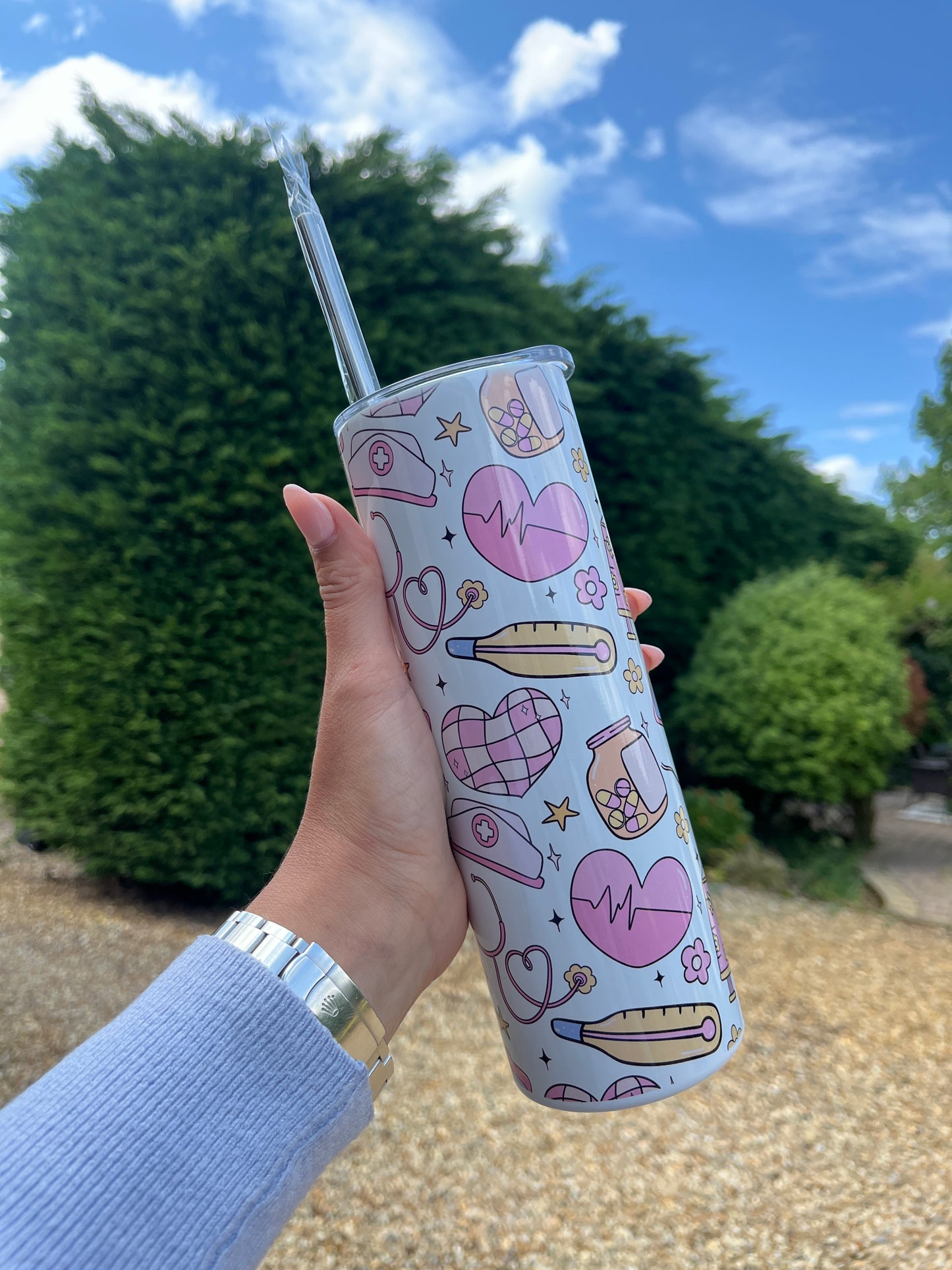 Nurse theme 20oz reusable stainless steel tumbler with lid & slide close lid