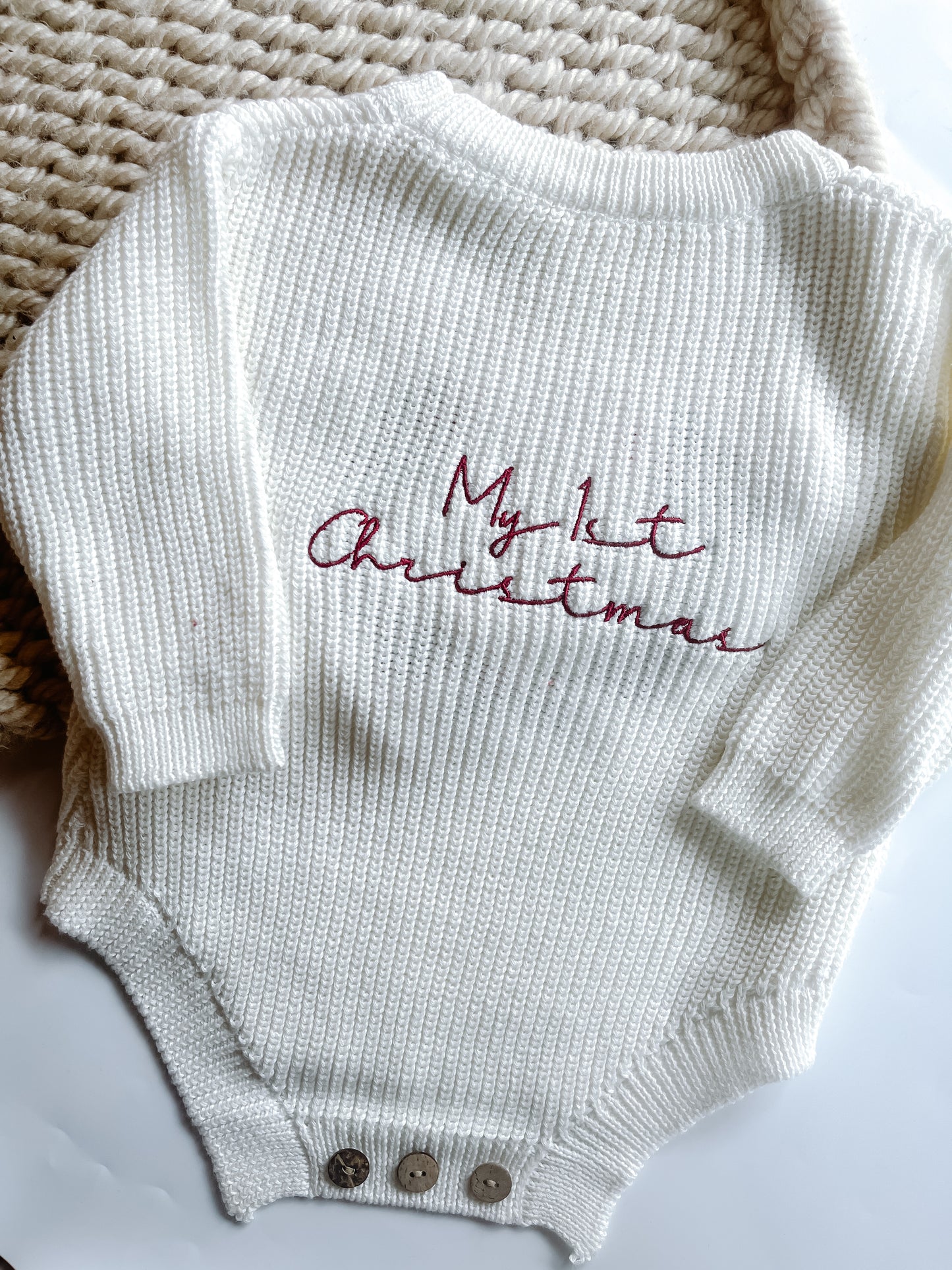 My 1st Christmas knitted Baby Romper – Christmas Embroidered Knitted Outfit