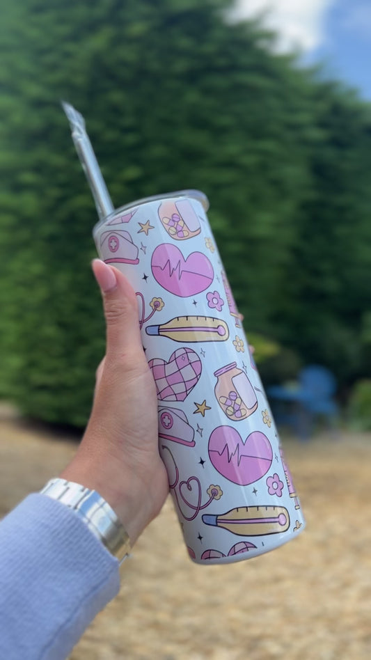 Nurse theme 20oz reusable stainless steel tumbler with lid & slide close lid