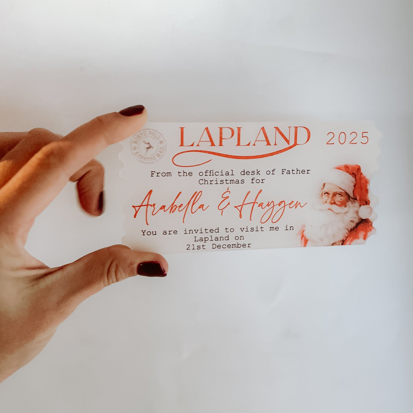 Personalised Lapland reveal keepsake acrylic ticket