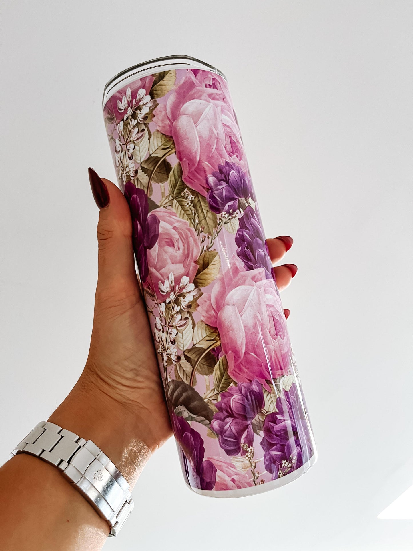 Floral themed Tumbler | pink, purple flower tumbler | 20oz hot & cold drink tumbler | water bottle