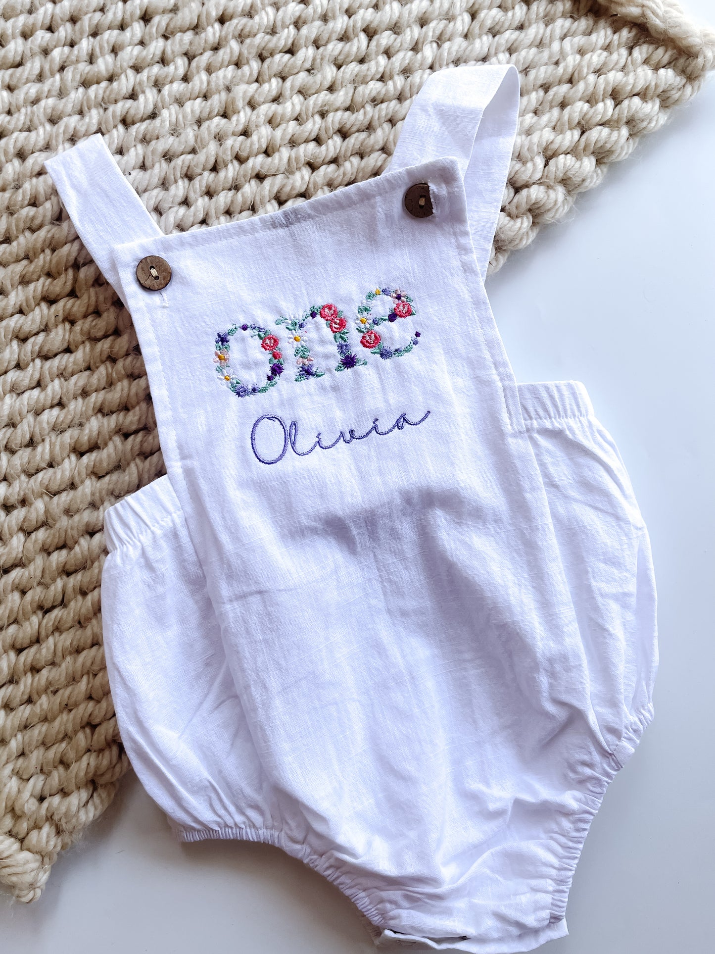 Personalised 1st Birthday floral Baby Romper – Custom Embroidered flower Bodysuit
