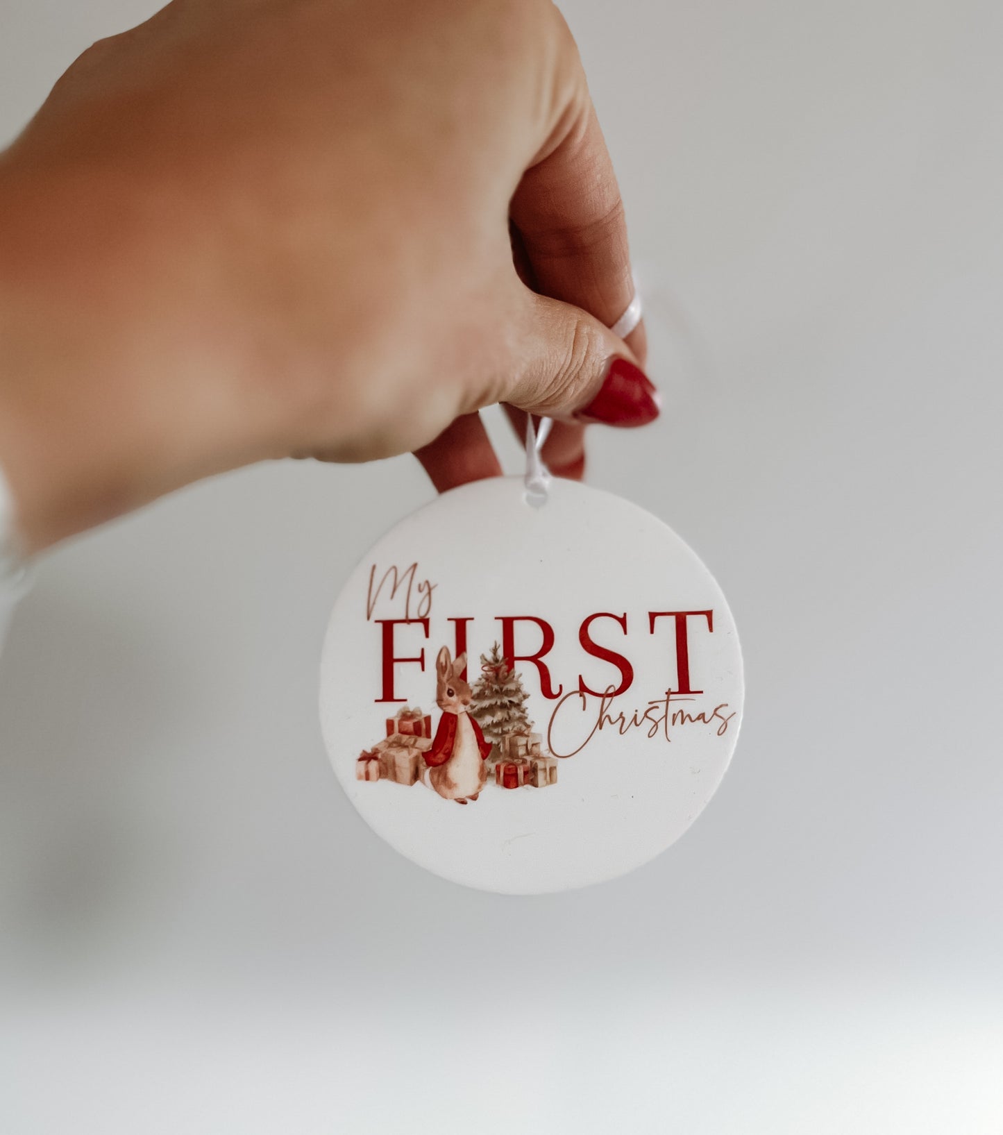 Ceramic round hanging My first Christmas  bunny in red Christmas tree decoration 