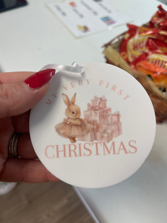 Ceramic round hanging  My first Christmas pink bunny tree orament / decoration 