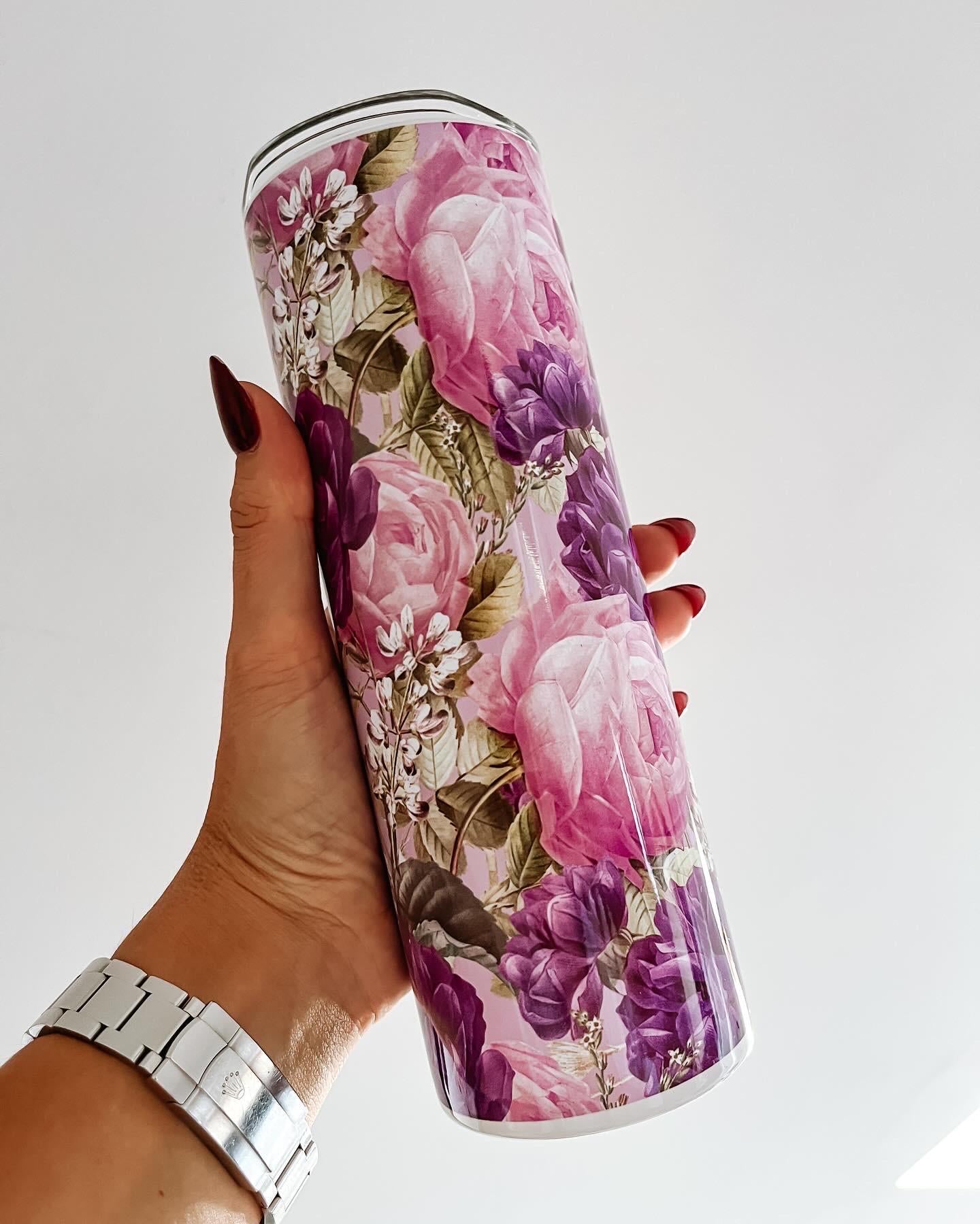 Floral themed Tumbler | pink, purple flower tumbler | 20oz hot & cold drink tumbler | water bottle