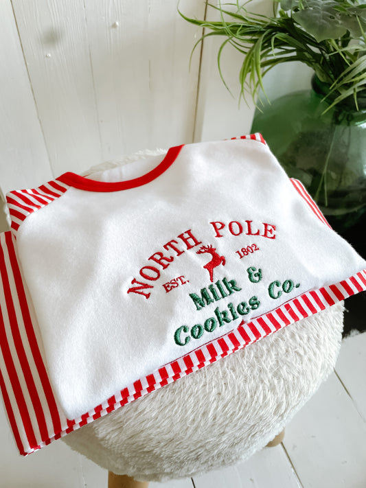Red & White stripe embroidered North Pole long sleeved Christmas children's pjs