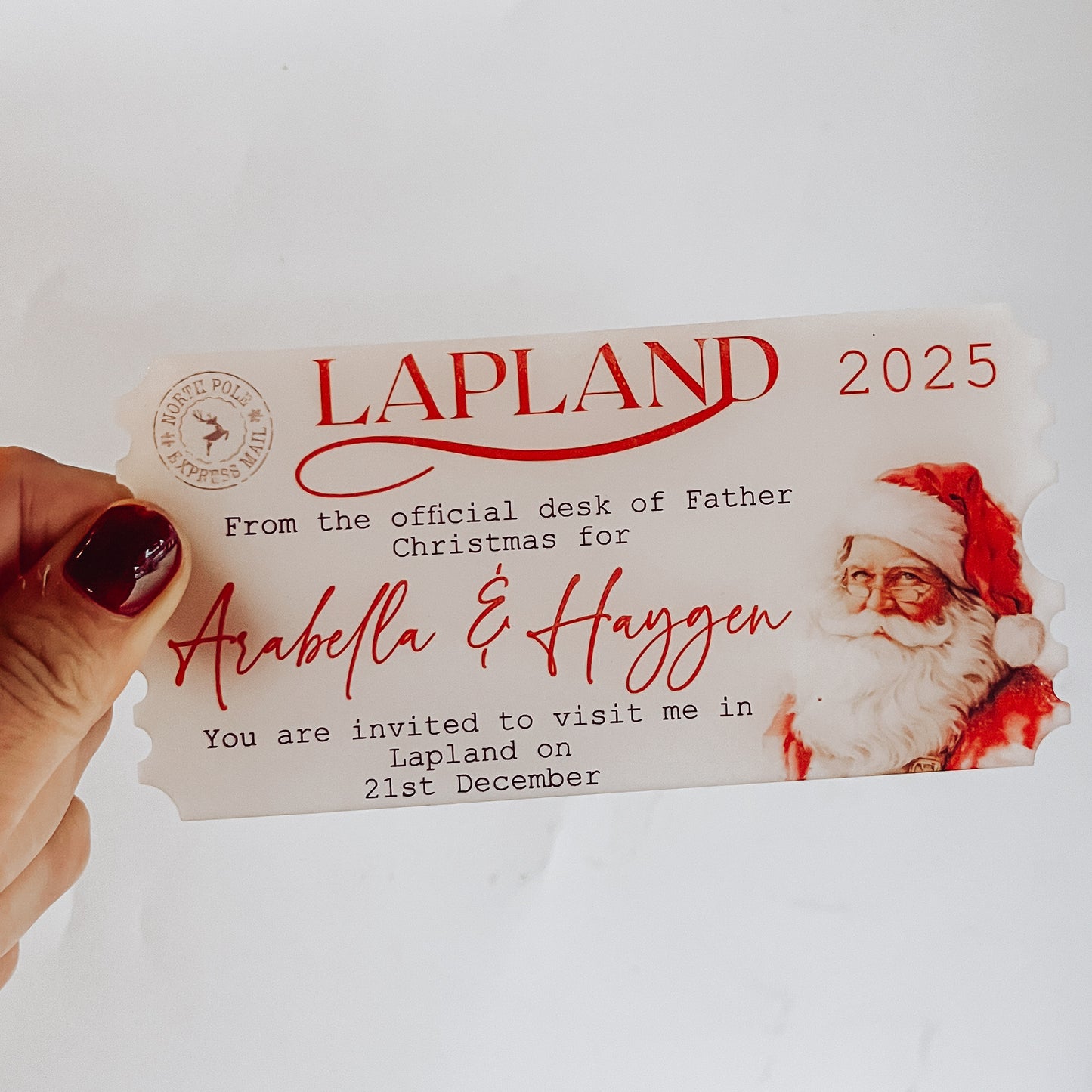 Personalised Lapland reveal keepsake acrylic ticket