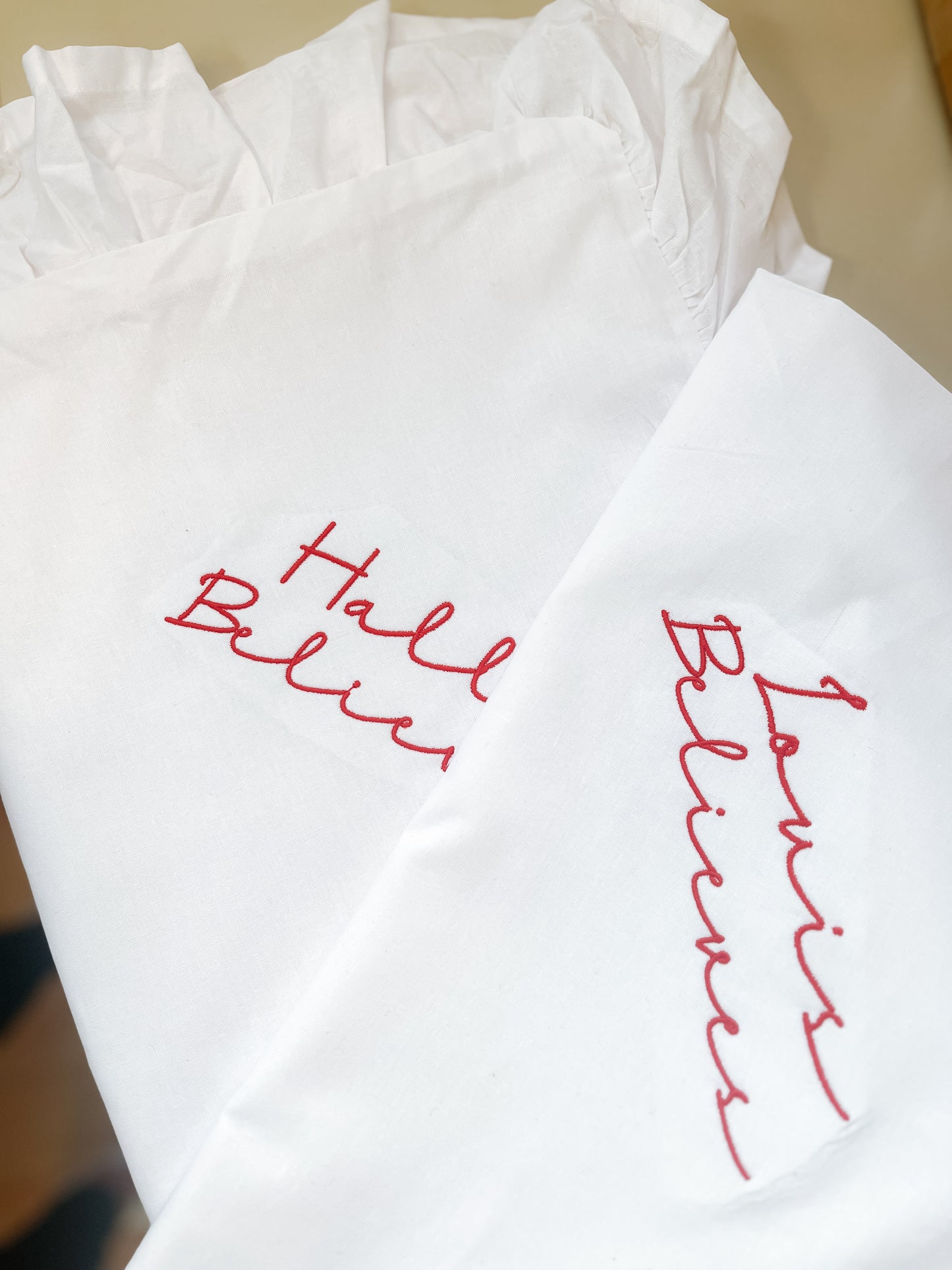 Embroidered personalised Christmas I believe pillow cases