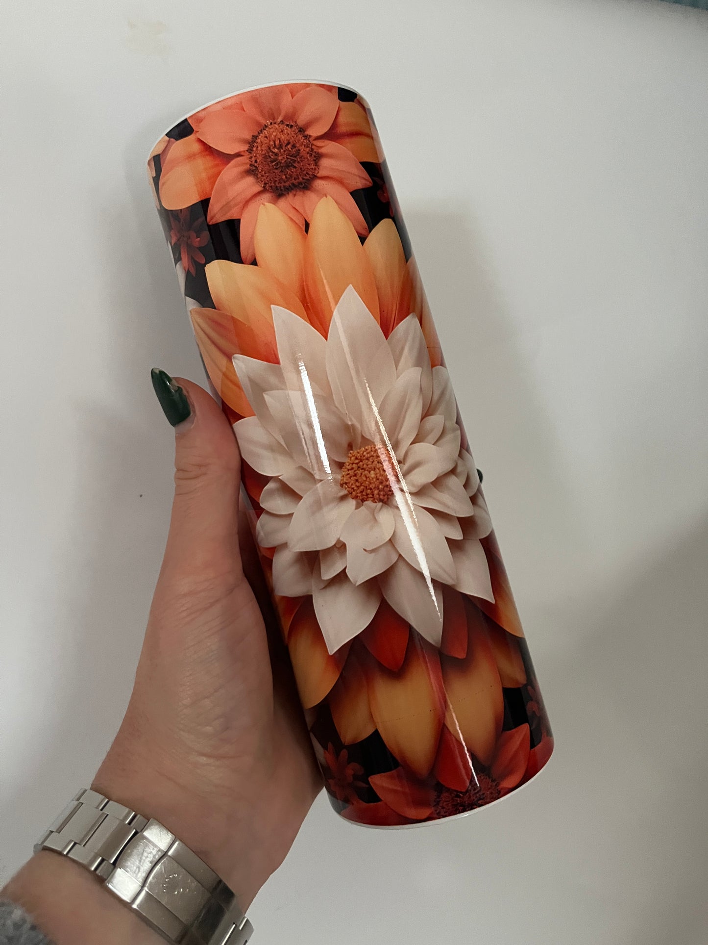 Pretty orange 3D effect flower reusable 20oz coffee | tea | cold drink tumbler