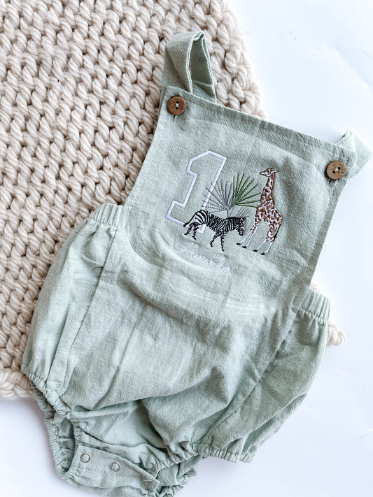 Personalized 1st Birthday Safari Baby Romper – Custom Embroidered Animal Bodysuit – Jungle Theme Outfit for Boys & Girls